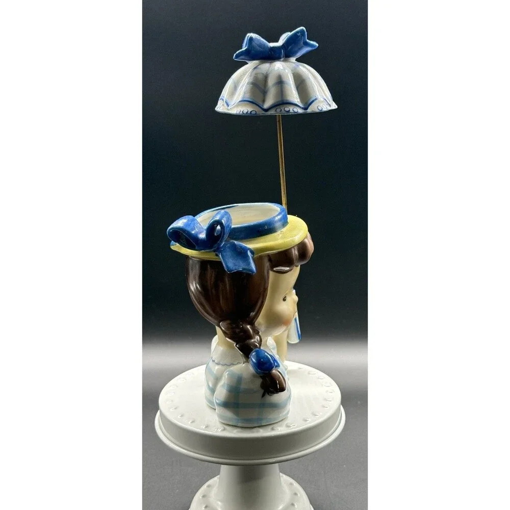 Vintage Napco 1950s Ceramic Girl Head Planter with Pigtails and Umbrella JAPAN